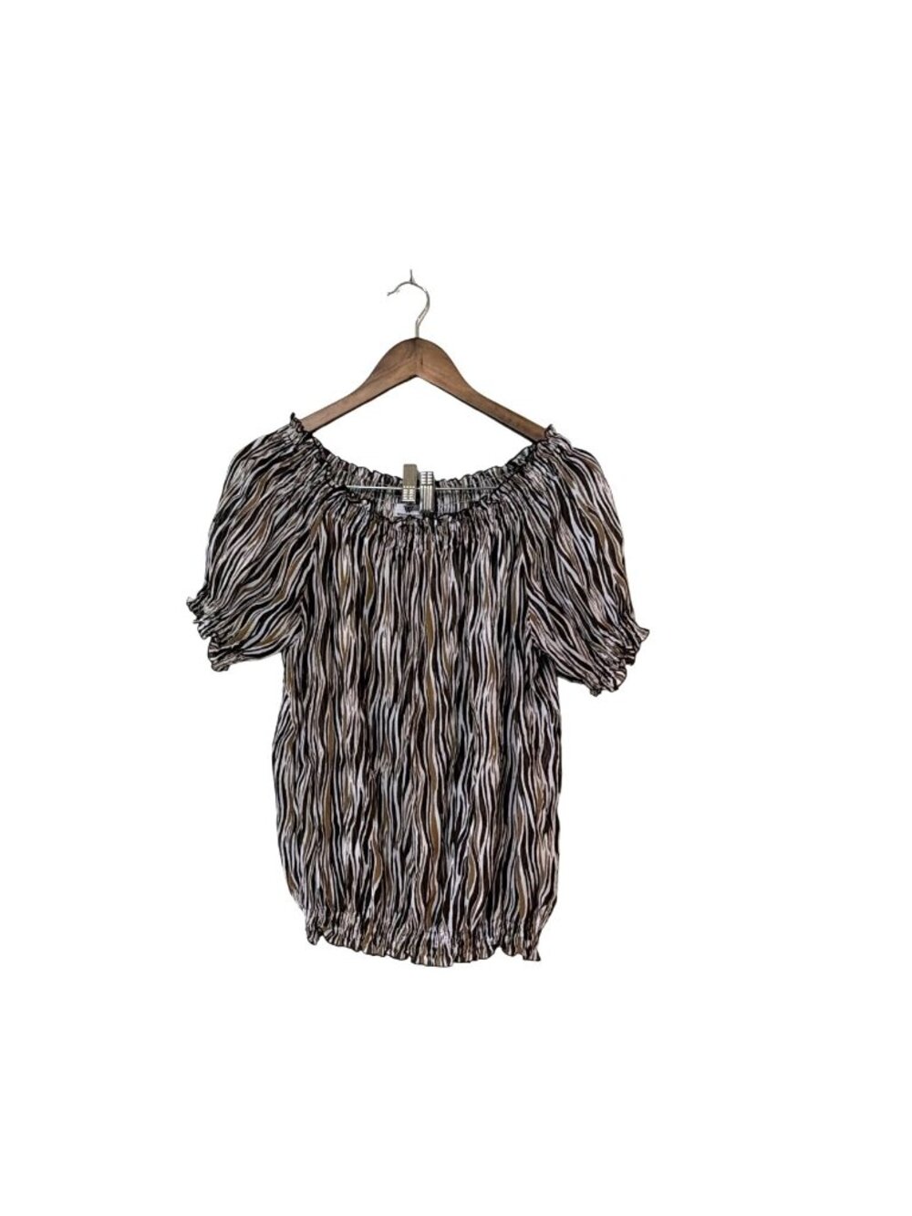 Worthington‎ Womens Zebra Print Off-Shoulder Top L Polyester Brown/White